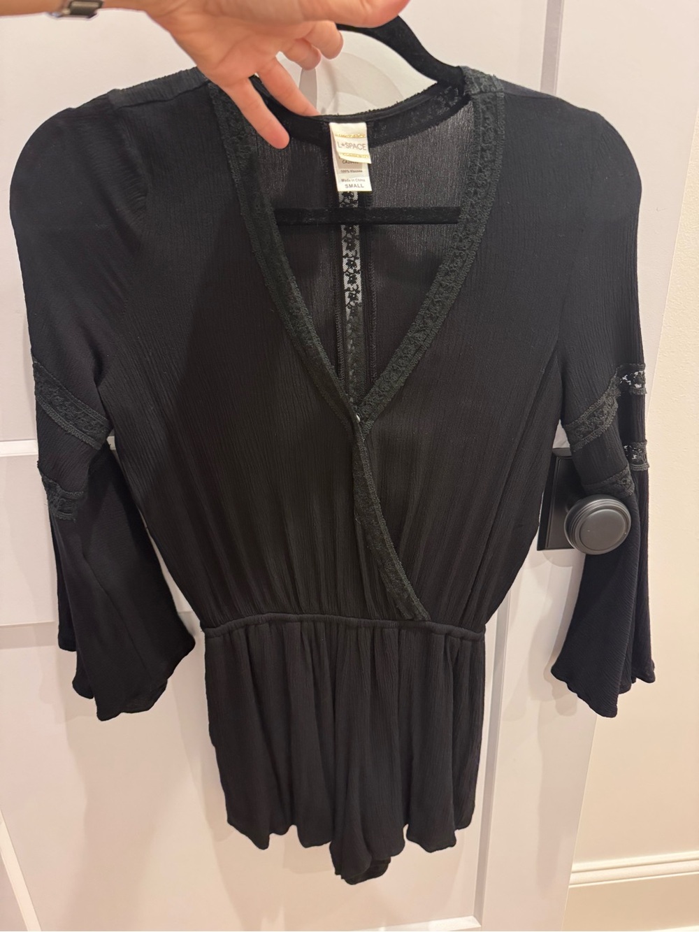 Lspace Black Lace-Trim Long Sleeve Wrap Shorts Romper/ cover-up.